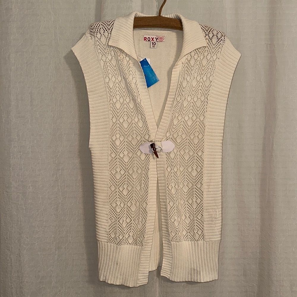 Roxy 8 Ivory Eyelet Rubbed Combo Knit One Button Front Long Sweater Vest